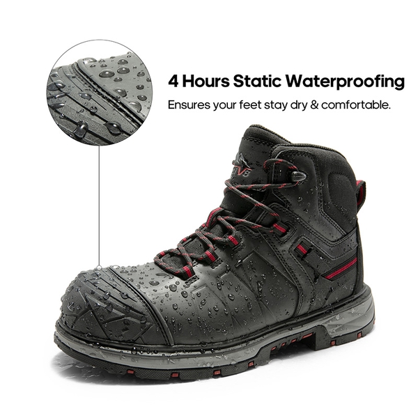 Men's Non-Slip Steel Toe Leather Work Boots - BLACK - 6